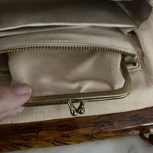 Vintage Handbag Needlepoint Floral Tortoise Handle Strap Mirror Comb Coin Purse - Picture 14 of 16